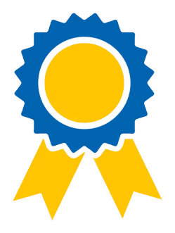 Ribbon graphic in blue and yellow.